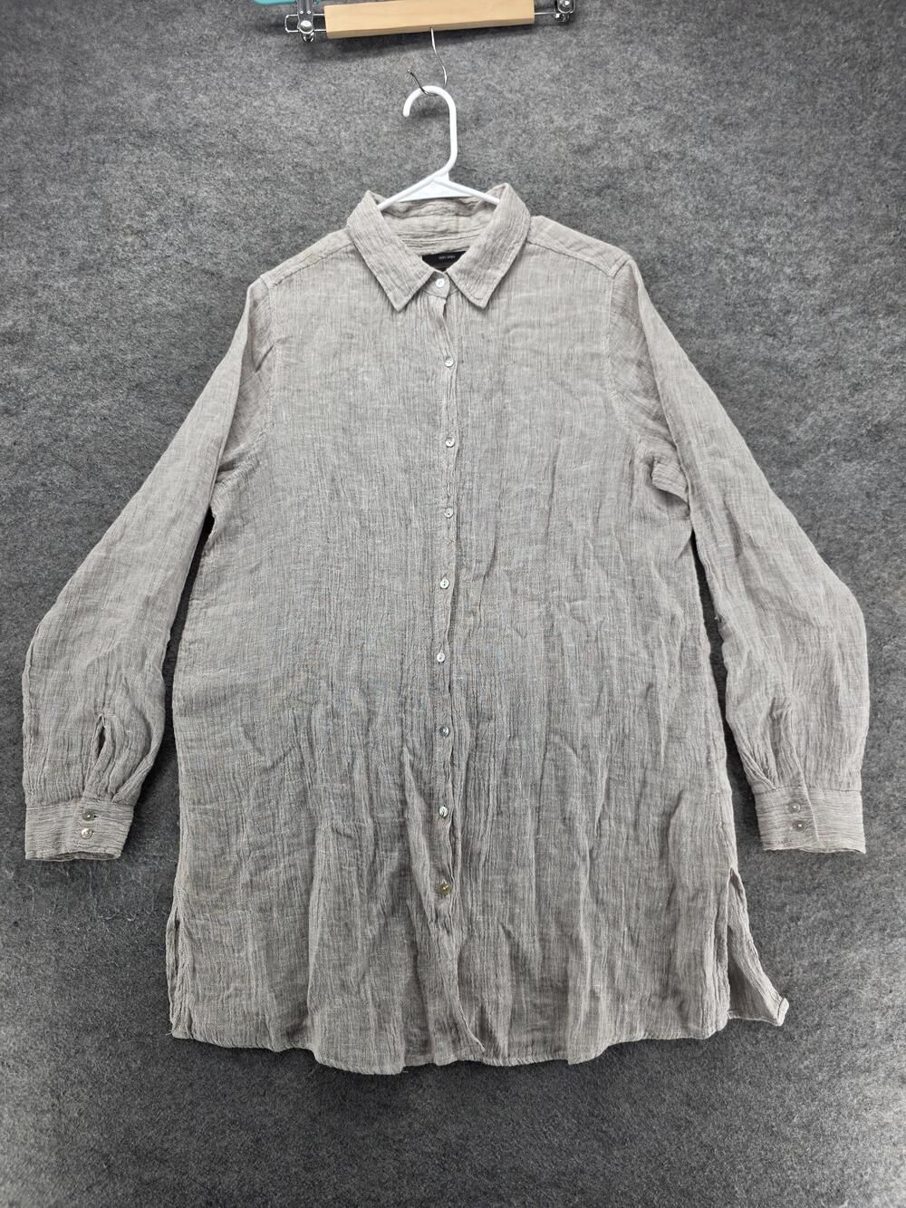 Tahari Button-Up Tunic Womens M Beige Solid Long Sleeve Collared Relaxed Fit